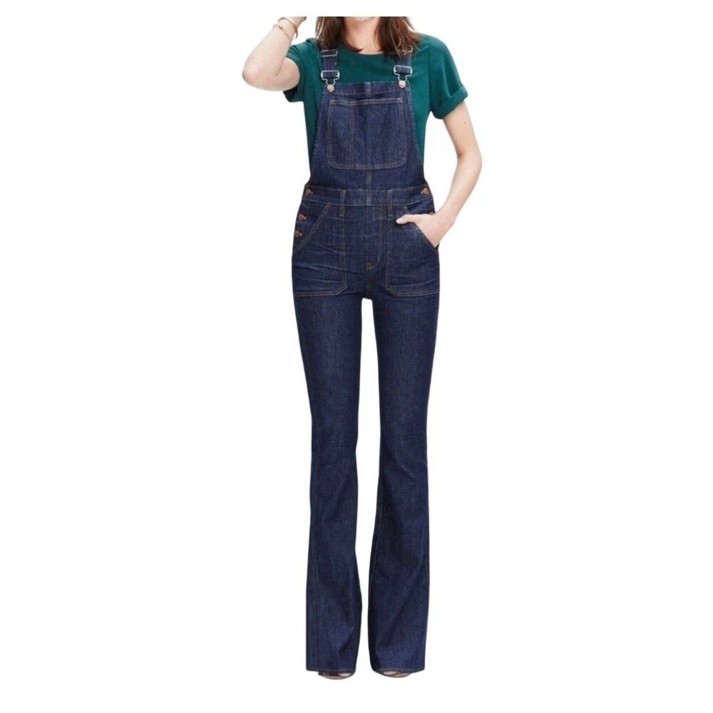 Madewell Flea Market Flare Denim Overalls Dark Wash indigo Sz M - Picture 1 of 7